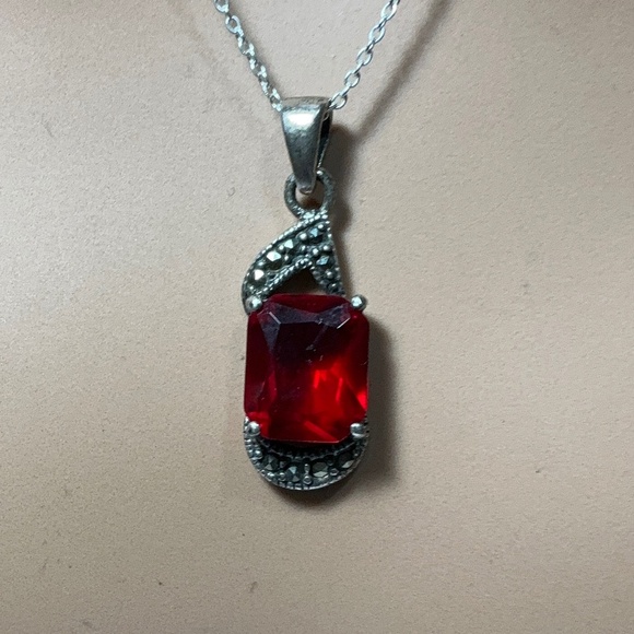 Sterling Silver Necklace with a Red Stone and Marcasite. 19.25 inches long - Picture 2 of 8